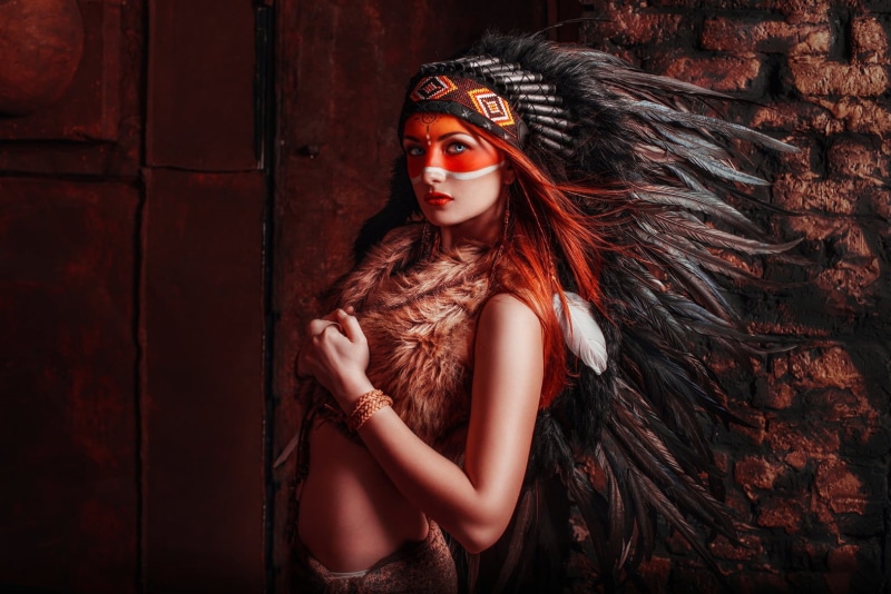 720P, Native American clothing, women, redhead, Ilya Novitsky, cultural appropriation, face paint, feathers