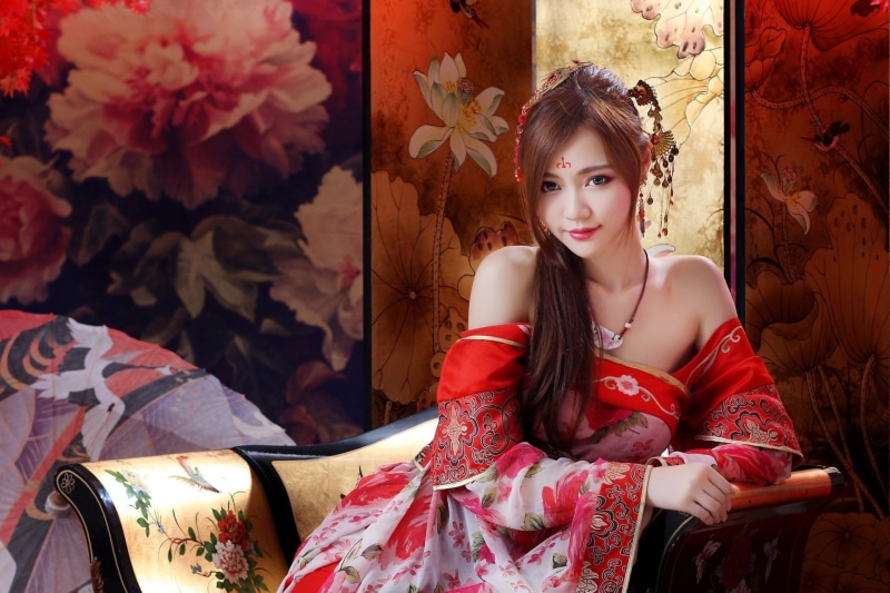 Woman, Women, Traditional Costume, Girl, Dress, Asian, Brunette, Floral, Lipstick, Model, 1080P
