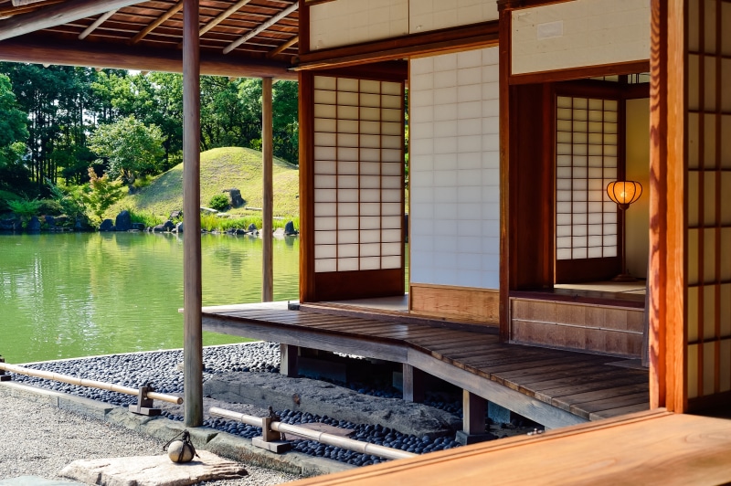 garden, k, views of japan, built structure, architecture, tranquility, japanese-style room, white, nature, water, tree, japan culture, lake, wood - material