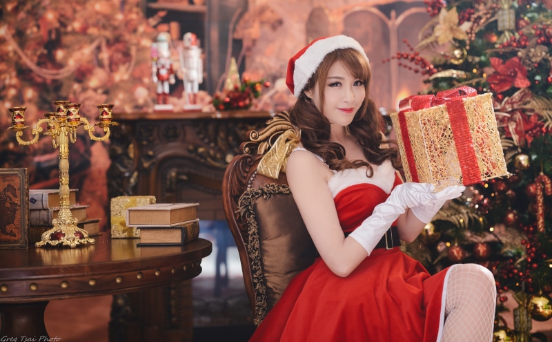 Cozy, Holiday, Asian, hairstyle, red, beautiful woman, gift box, christmas tree, Xmas, lifestyles, looking at camera, Woman, young adult, MerryChristmas