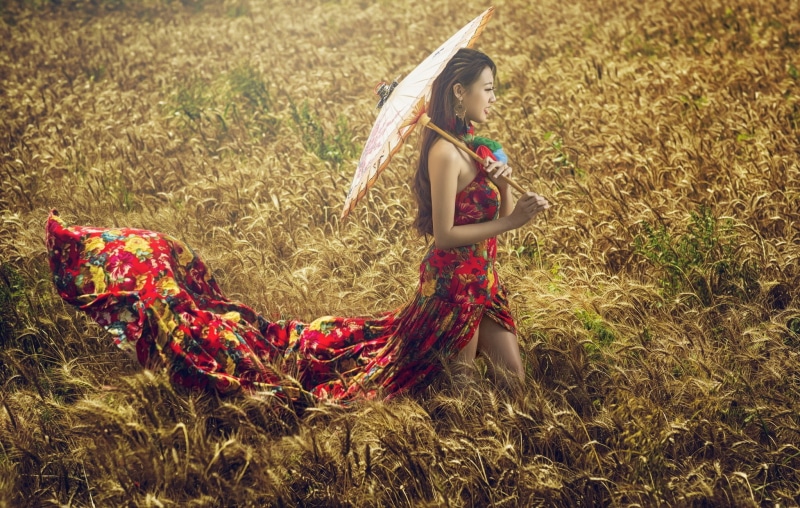 red, s, dress, sleeveless, outdoors, 1080P, wheat, umbrella, girl, women, cheongsam, high, asian, model, low