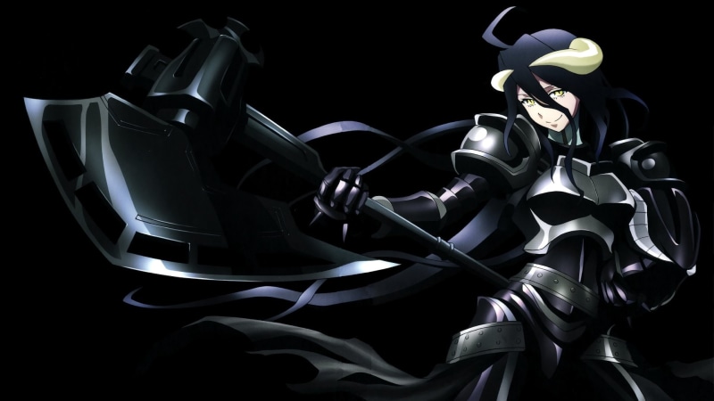equipment, Axe, Anime, close-up, technology, black color, cut out, shiny, Albedo (Overlord), Dark, studio shot, no people, chrome, indoors, sport, headwear