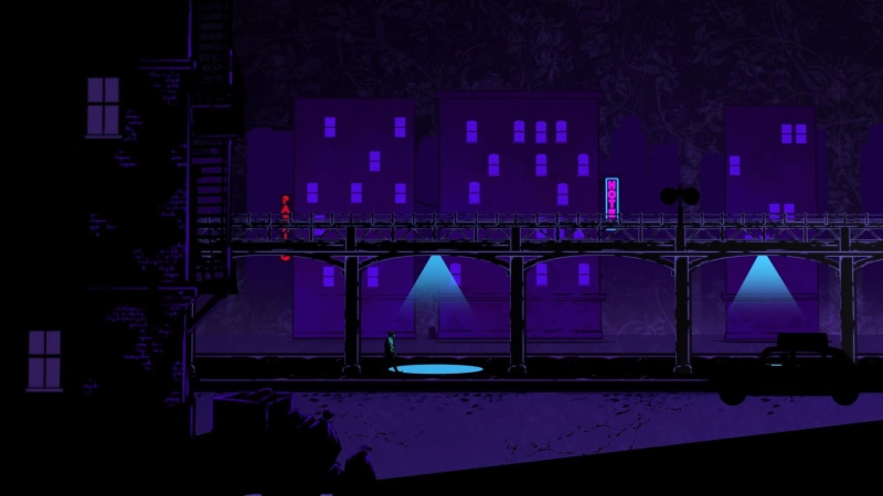 black, architecture, blue, sky, video games, purple, city, The Wolf Among Us, lighting equipment, built structure, dusk, bridge, connection, rail transportation