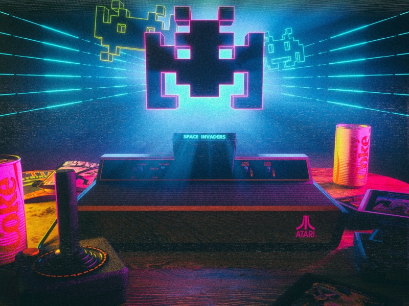 neon glow, Space Invaders, 3D Blocks, Atari, glowing, video games, Retro style, Retrowave, retro games, noise, David Legnon, 1080P, joystick, film grain