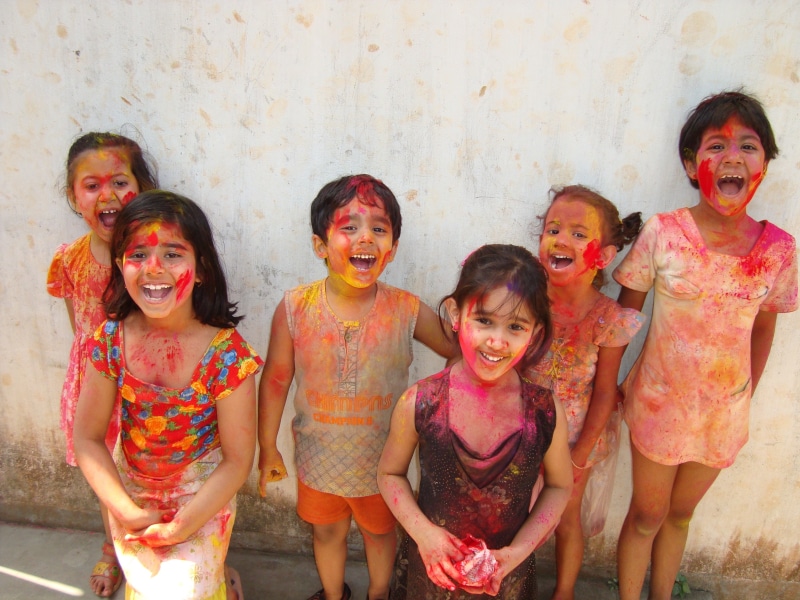 festival, celebration, front view, togetherness, paint, children, worship, 2K, females, spring, group of people, colorful, happy, girls, positive emotion