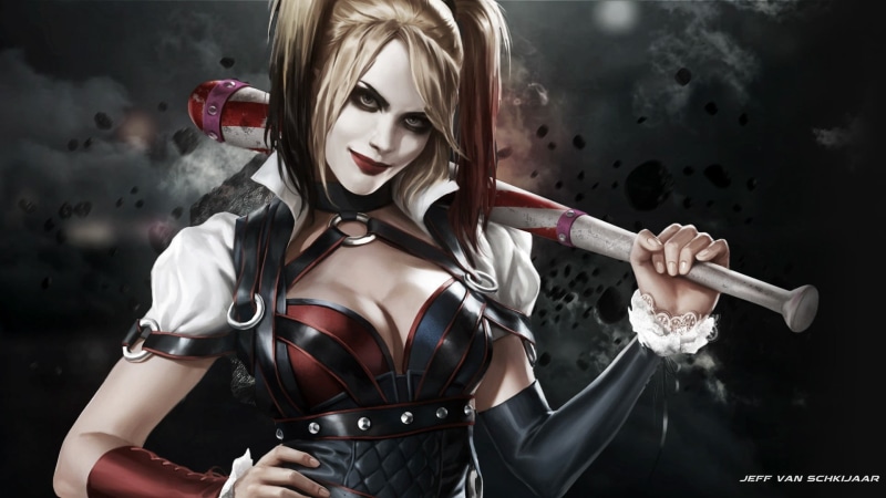 fashion, beautiful woman, waist up, digital art, music, Batman, dark, quinn, 1080P, adult, beautiful people, young adult, musician, women, Joker, one person