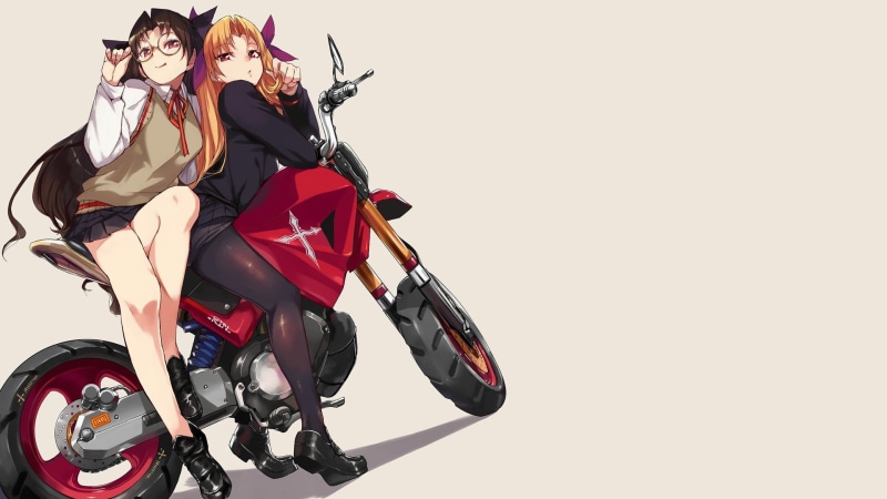 minimalism, anime girls, looking at viewer, motorcycle, Fate/Grand Order, Ishtar (Fate Grand Order), Ereshkigal (Fate/Grand Order), simple background, manga