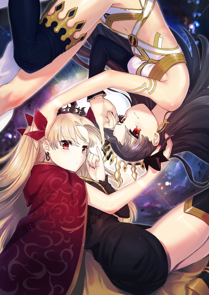 anime, vertical, green eyes, space, portrait display, digital art, Ishtar (Fate Grand Order), long hair, ponytail, red eyes, brunette, anime girls, blonde