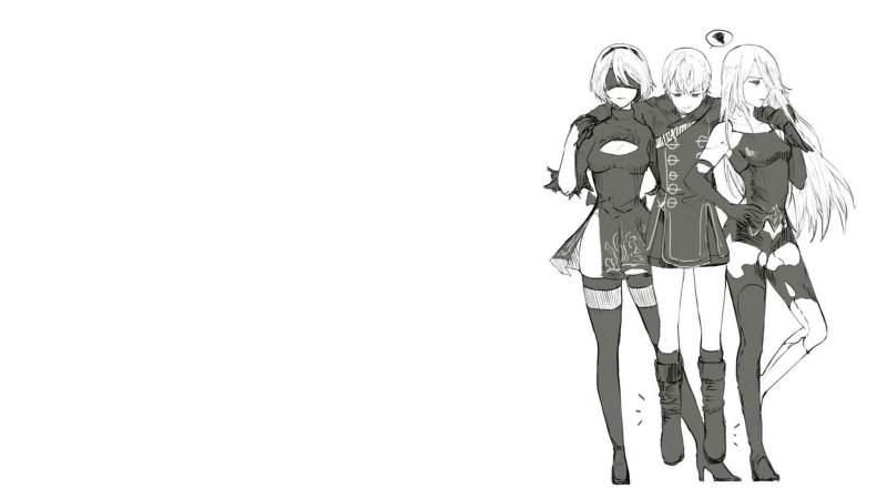  bonding, cut out, human representation, A2 (Nier: Automata), simple background, indoors, monochrome, Nier: Automata, full length, white hair