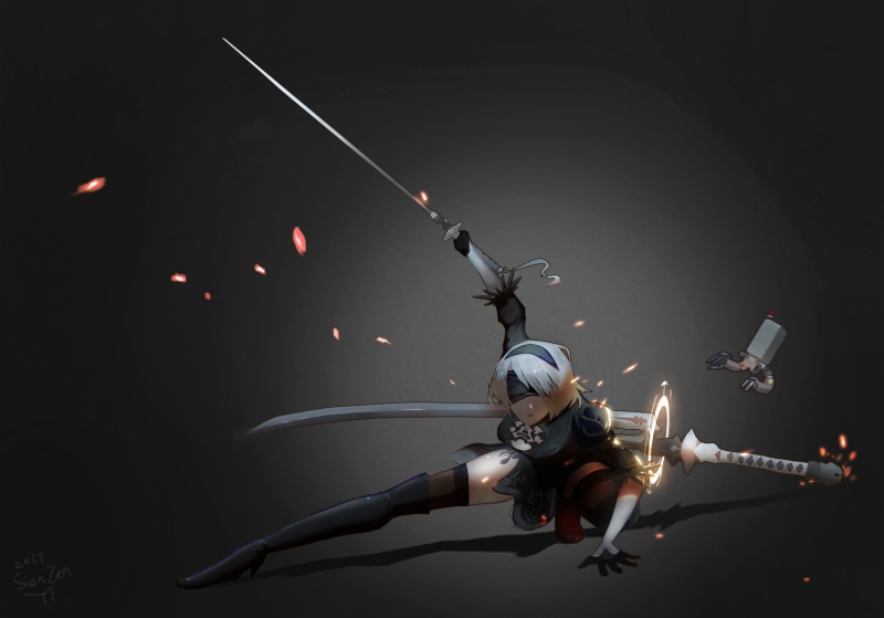 katana, 4K, 2B (Nier: Automata), celebration, night, one person, leisure activity, women, lifestyles, illuminated, arts culture and entertainment, Nier: Automata