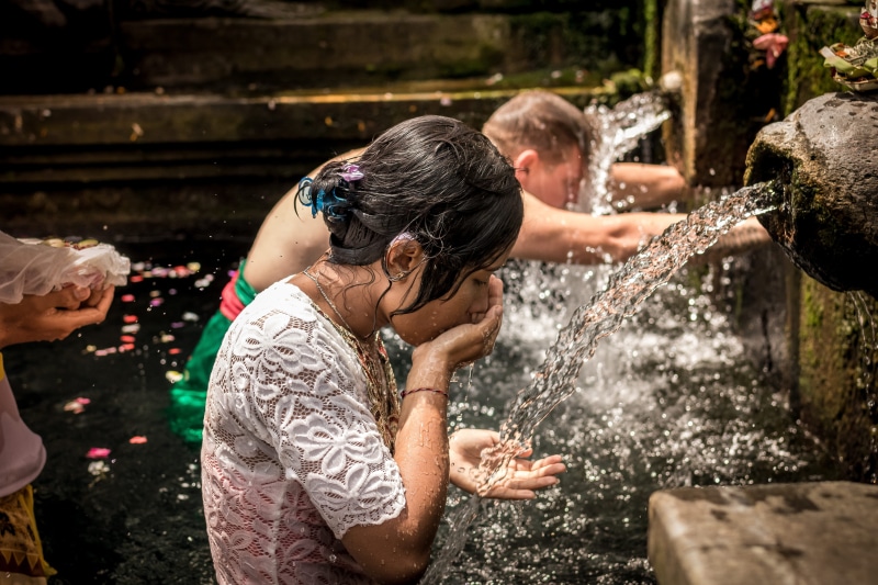 stream, worship, splashing, childhood, 5K, lifestyles, day, balinese, purification, bali, child, religious, motion, girls, sacred, temple, fountain, tirta empul