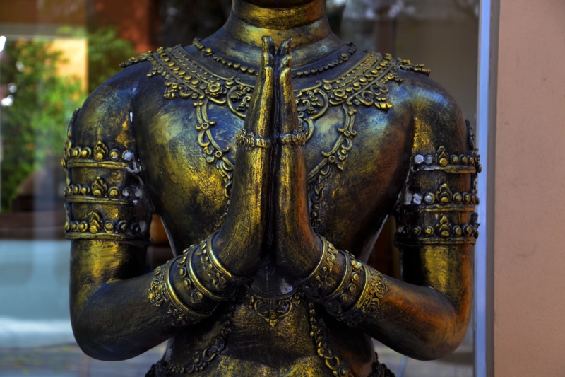 buddhist, thailand, praying, photo, focus on foreground, east, sculpture, day, meditation, culture, asia, peace, closeup, worship, hands, close-up, brass
