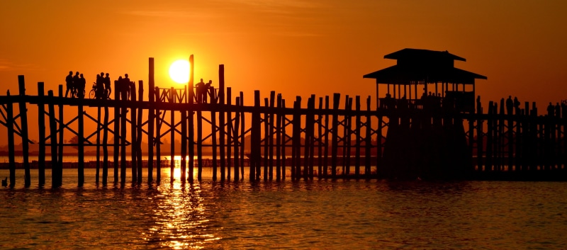 vertebrate, sky, sun, tranquility, silhouette, Myanmar, beauty in nature, nature, U-Bein Bridge, photo, wooden, travel destinations, animal themes, 4K