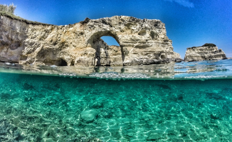 sky, 2K, water surface, water, sea, land, tranquility, body of water, salento, day, travelers, rock, rock - object, clear, underwater, architecture, costa