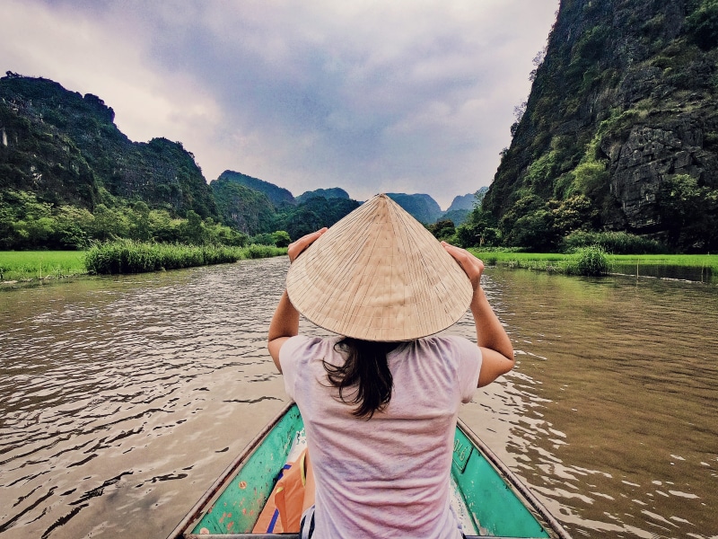 solo backpacking, adult, vietnam, vietnam girl, sun hat, mountain range, relaxing vacation, vietnamese travel, hat, tam coc ninh binh, cloud - sky, real people