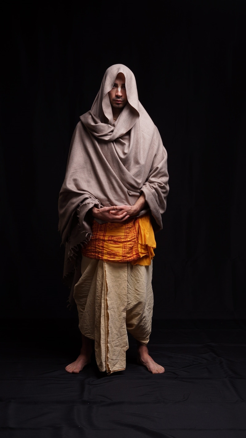 brahmachari, india, headscarf, obscured face, looking at camera, zen, one person, traditional clothing, temple, adult, women, buddhism, front view, yoga