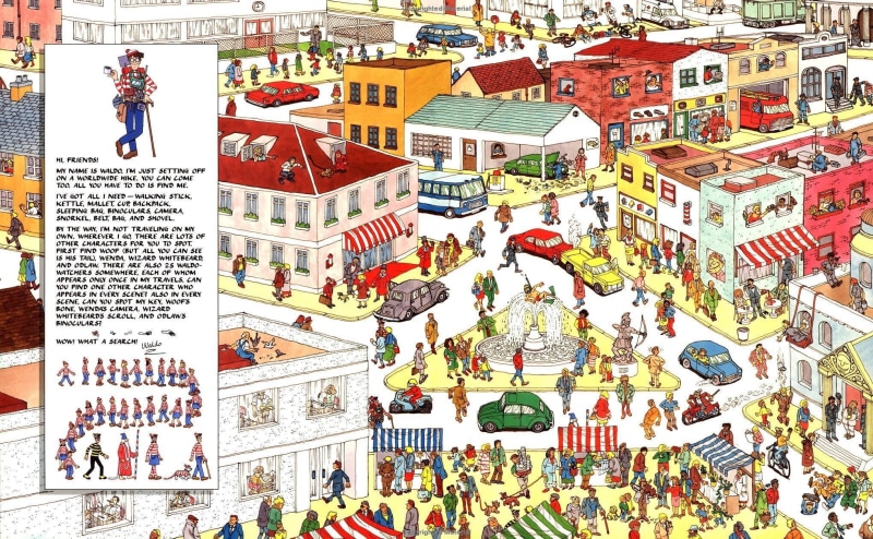 representation, text, wheres waldo, group of people, day, art and craft, outdoors, city, male likeness, multi colored, 1080P, building, building exterior