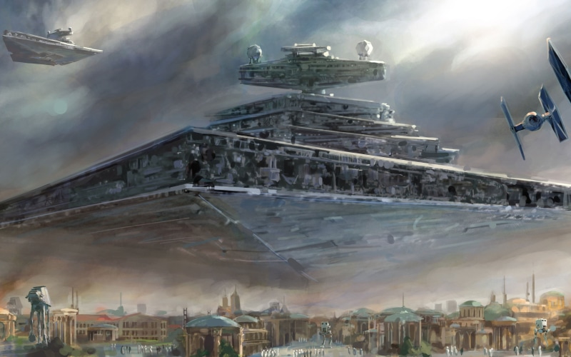 industry, fog, Star Wars, cloud - sky, high angle view, city, spaceship, smoke - physical structure, day, motion, religion, building exterior, TIE Fighter
