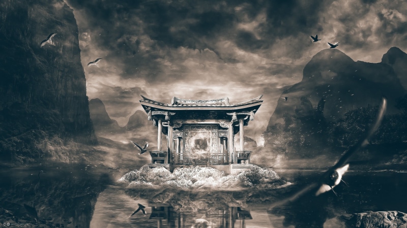 built structure, animal, temple, reflection, outdoors, digital composite, cloud - sky, fantasy art, history, architecture, bird, animal wildlife, Desktopography