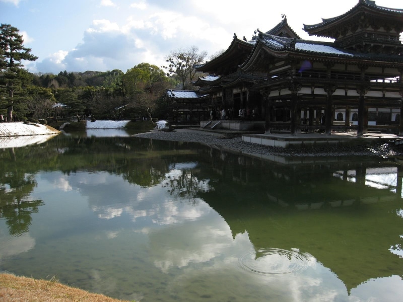 lake, belief, tree, Buddhism, 720P, plant, outdoors, building, water, religion, Asian architecture, waterfront, architecture, building exterior, cloud - sky