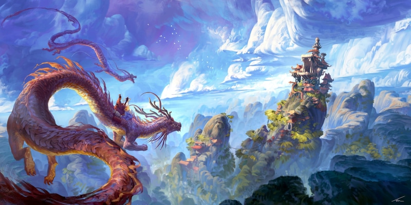 xianxia, castle, digital art, Dragons, China, landscape, nature, pagoda, lok du, house, artwork, hills, fantasy landscape, fantasy, chinese dragons, clouds
