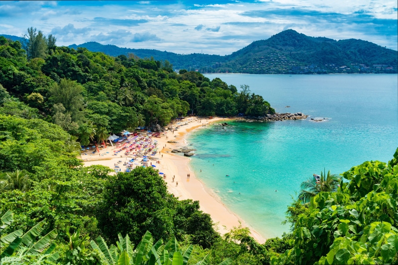 blue, vacations, tropical Climate, Phuket, cloud - sky, scenics, tranquil scene, plant, mountain, tree, outdoors, land, sand, turquoise Colored, incidental people