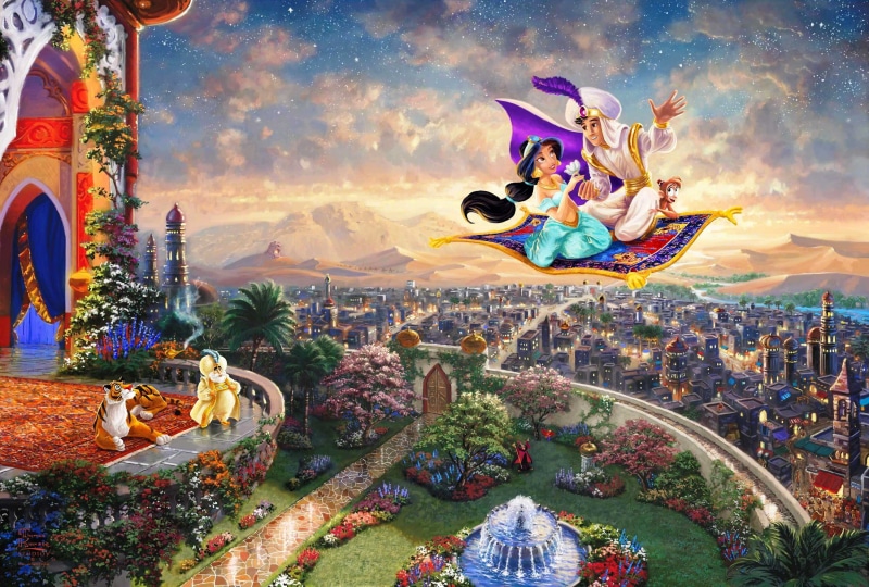 Jasmine, Disney, fountain, Thomas Kinkade STUDIOS, Kingdom, 2K, Sultan, Walt Disney, Aladdin, Thomas Kinkade, carpet, magic lamp, the city, Palace, Princess