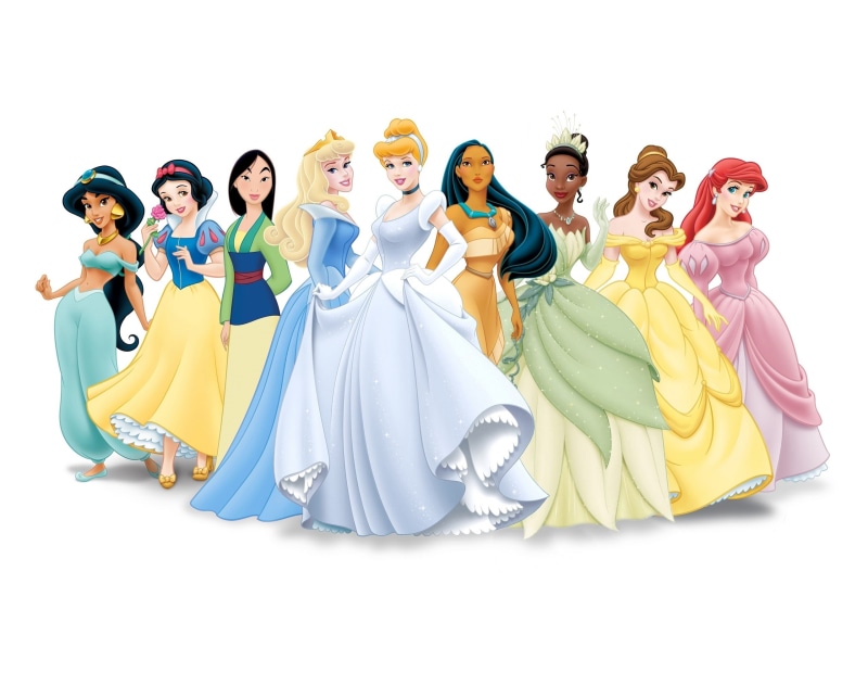 Cartoons, excitement, Old Disney, women, consumerism, belle, Pocahontas, cut out, Tiana, cinderella, smiling, indoors, Princess, celebration, studio shot