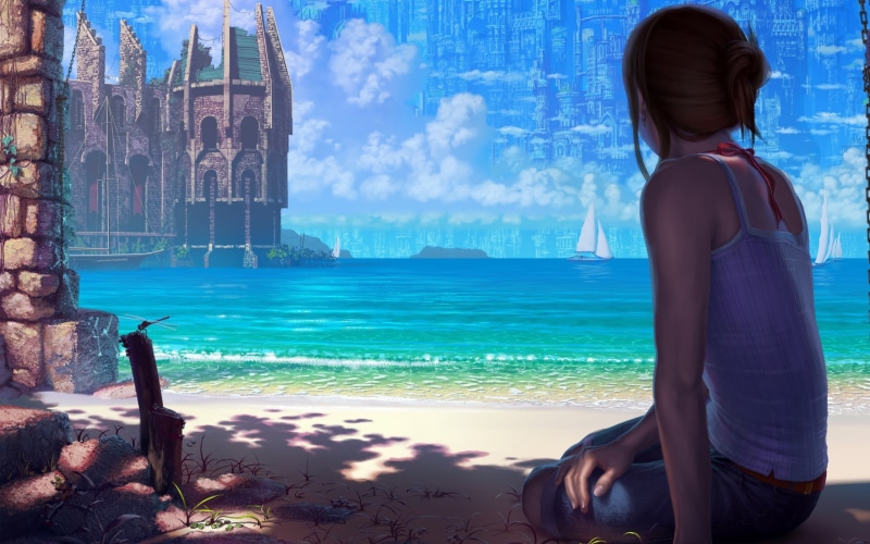 CGI, rear view, lifestyles, sitting, women, architecture, young women, adult, young adult, day, outdoors, turquoise colored, sea, one person, leisure activity