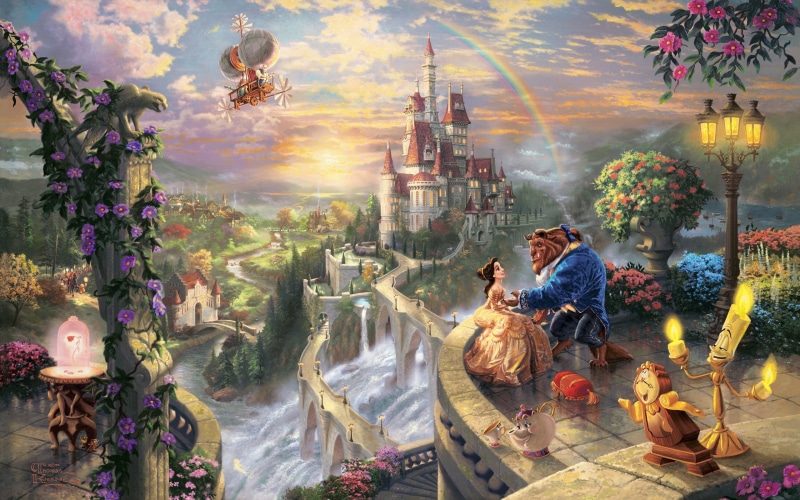 rainbows, waterfalls, vehicles, thomas, love, kinkade, fantasy, beauty, castles, tales, art, magic, company, fairy, disney, villages, beast, 2K, movies