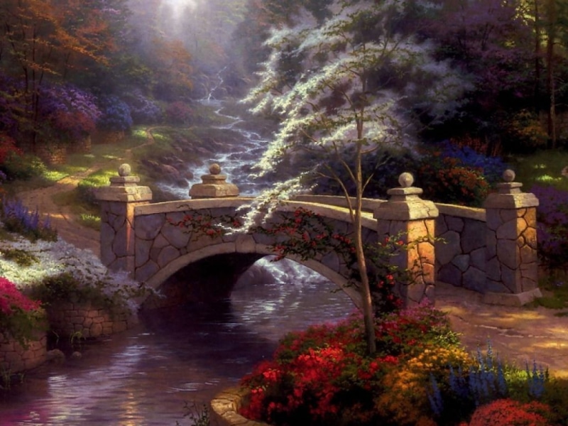 hd, flower, painting, hop, bridge, 480P, kinkade, abstract, art, thomas, thomas kinkade