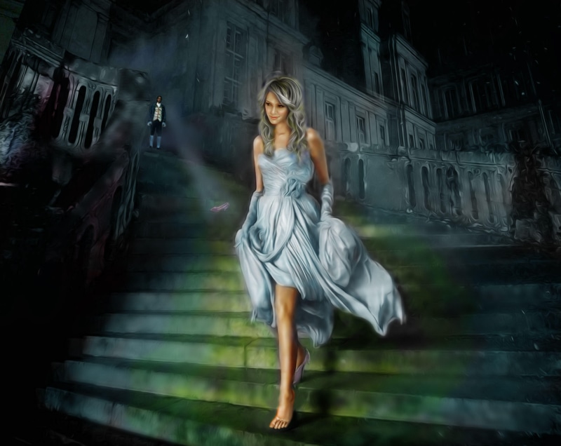 long hair, motion, ghost, dark, full length, men, digital art, staircase, fantasy art, castle, elegance, beauty, princess, built structure, evening gown