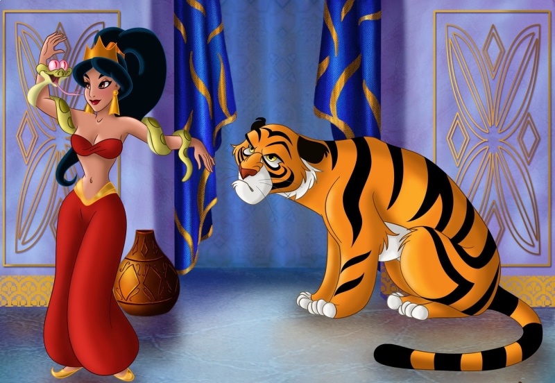 backgrounds, cartoon, full length, mammal, mouth open, Jasmine, animated film, striped, indoors, young women, Rajah, Walt Disney, portrait, young adult
