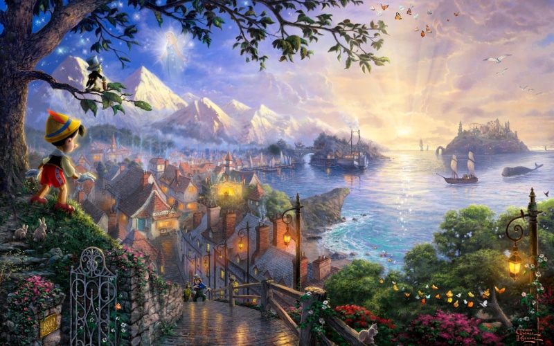 fairy, animation, fantasy, sunset, kinkade, ships, marionette, puppet, art, wood, pinocchio, tales, company, disney, family, landscapes, 2K, villages