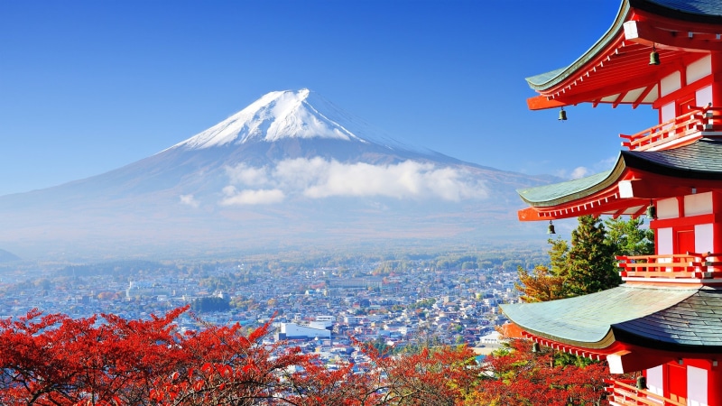 Mount Fuji, trees, Asian architecture, nature, mountains, Japan, building, 1080P