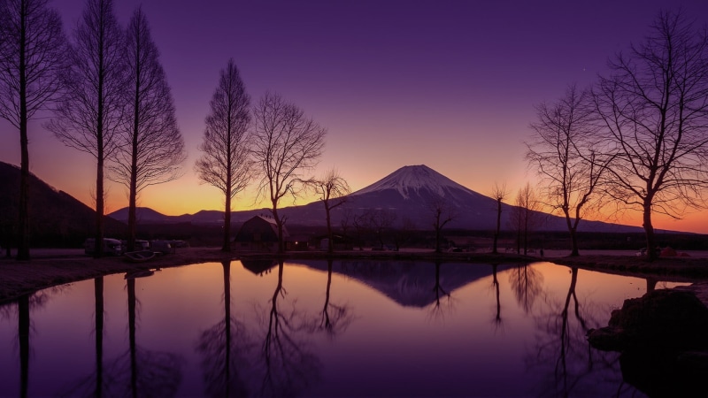 sky, snowy mountain, Japan, mountains, 1080P, night, stars, house, sunset, rocks, pond, landscape, car, reflection, nature, trees, Mount Fuji