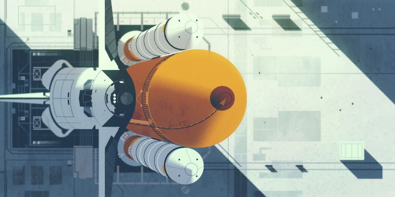 orange color, equipment, architecture, machinery, day, close-up, design, yellow, technology, artwork, metal, space, depth of field, illustrationb, space shuttle