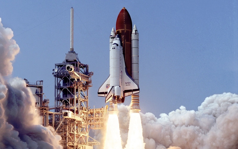 Space Shuttle Atlantis, religion, sky, NASA, travel, sunlight, scanned image, 1080P, industry, motion, factory, air pollution, smoke - physical structure