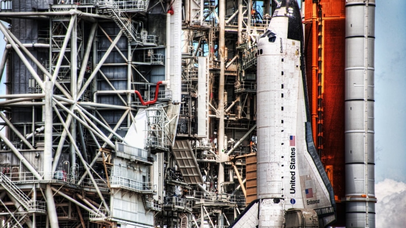 low angle view, industry, connection, building, pipe - tube, metal, factory, day, silver colored, Endeavour, space shuttle, states, no people, shuttle