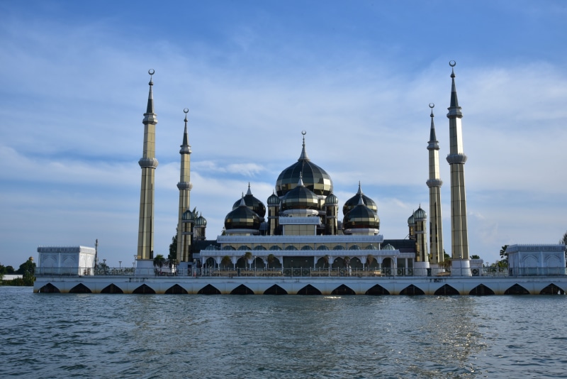 building, water, mosque, outdoors, tourism, waterfront, asia, no people, travel Locations, taman tamadun islam, belief, dome, blue, travel destinations