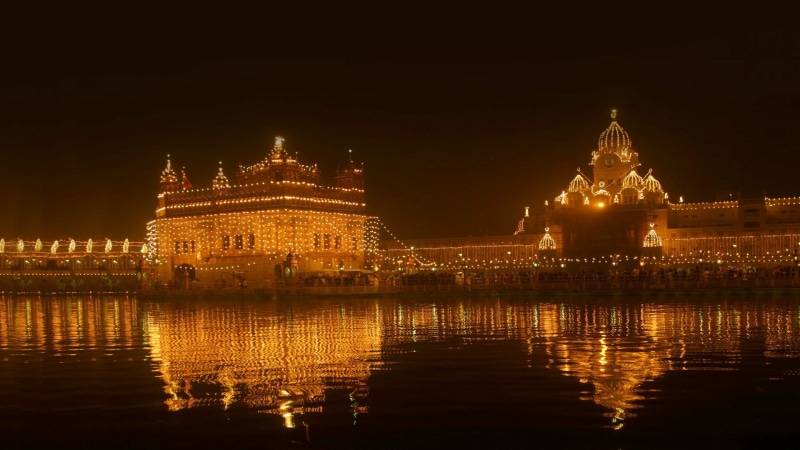 outdoors, Golden temple, reflection, place of worship, Punjab, sky, no people, building exterior, tourism, built structure, waterfront, lights, architecture