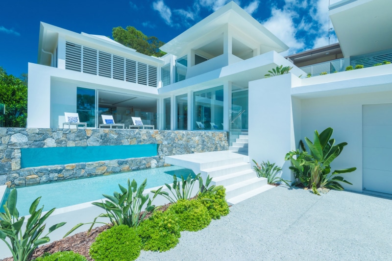 pool, plant, built structure, luxury, house, water, swimming pool, building, modern, day, building exterior, sky, entrance, nature, architecture, 2K, outdoors