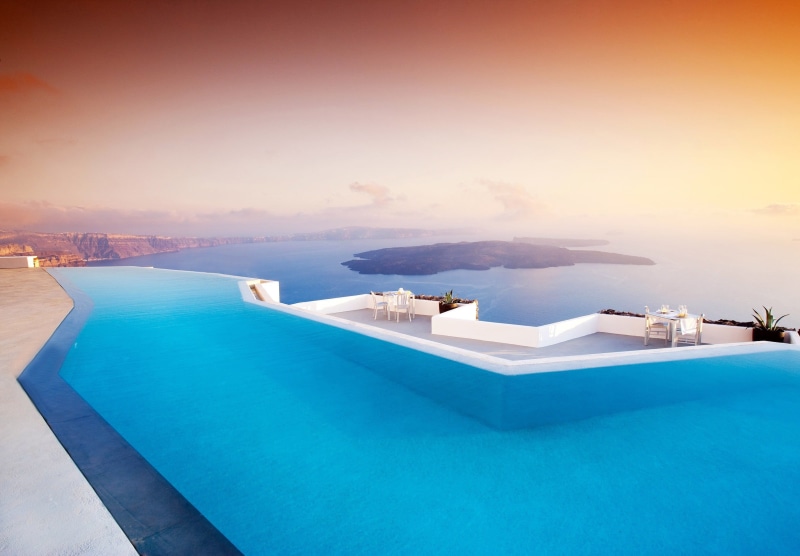 sky, trip, luxury, Greece, outdoors, wealth, swimming pool, poolside, travel destinations, pool, luxury hotel, scenics - nature, blue, 2K, landscape, infinity