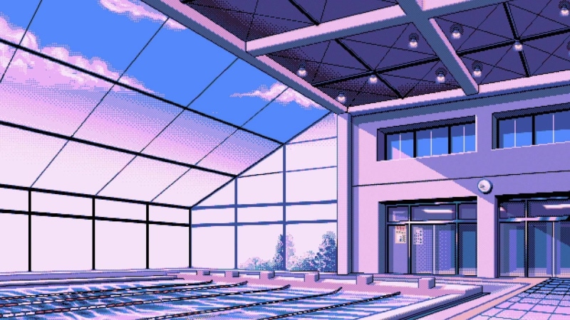 sparse, illustration, outdoors, pool, roof, architecture, pixel art, no people, 1080P, purple, city, pattern, glass - material, geometric shape, modern