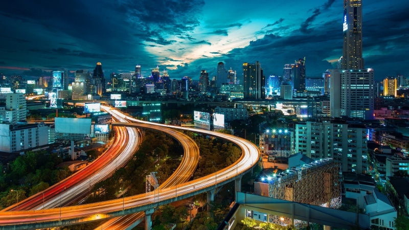 lights, sky, landscape, Bangkok, orange, road, motion, outdoors, multiple lane highway, crowded, light trail, clouds, modern, blue, Thai, tall - high, cityscape