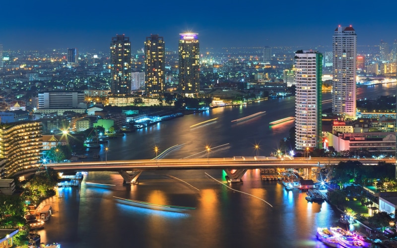River, Buildings, Boat, Bridge, Thailand, Night, 2K, photography, Lights, skyline, City, Bangkok