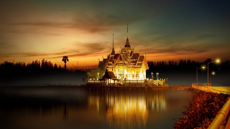 pavilion, thailand, temple pavilion, 4K, tourist attraction, calm, sunset, temple, night, evening, bangkok, landmark, dusk