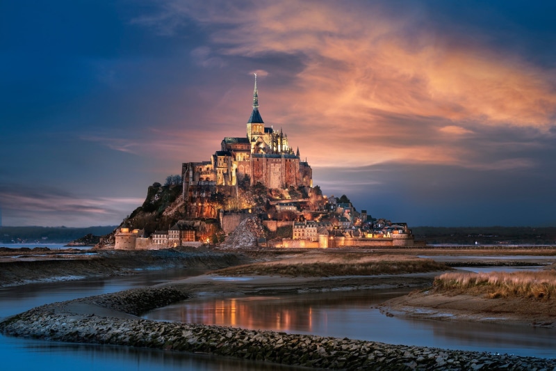 Mont Saint-Michel, building exterior, water, cloud - sky, nature, island, castle, the past, travel destinations, spirituality, brown, old building, history