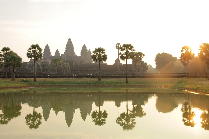 trees, sky, temple, 4K, place of worship, no people, water, historically, mirroring, travel destinations, cambodia, tree, nature, places of interest, masonry