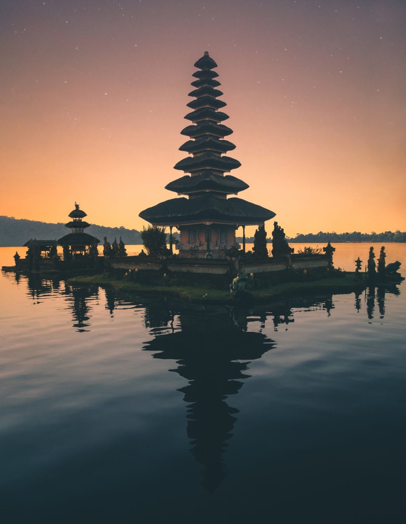 near, spirituality, indonesia, building, architecture, built structure, brown, building exterior, reflection, lake, sky, zen, 4K, meditation, sunset, waterfront